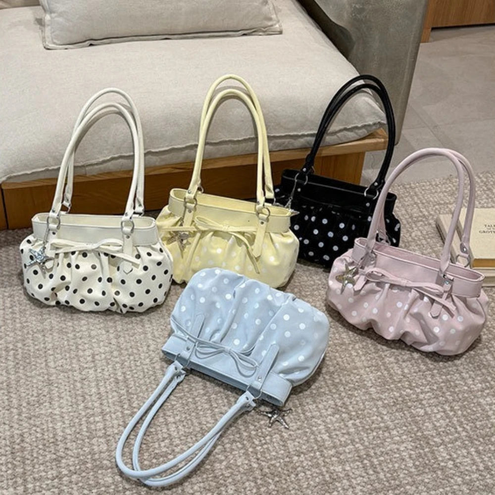 LIZAKOSHT  -  Polka Dot Ruched Shoulder Bag With Star Pendant Women Bow Decor Large Capacity Hobo Bag Retro Versatile Handbag For Daily Commut