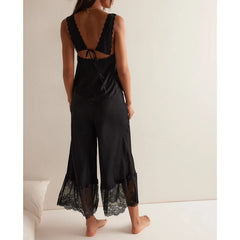 LIZAKOSHT  -  Womens 2Pieces Lace Patchwork Satin Outfits Set Y2k Going Out Sleeveless Tied Open Back Camis+ Long Pants Loungewear