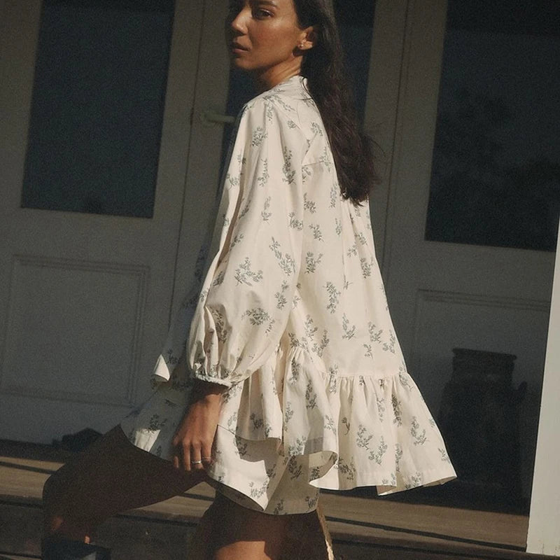 LIZAKOSHT  -  2025 French Style 2pcs Set Puff Sleeve Blouse & Printed Shorts High Neck Ruffle Trim Elegant Coords for Spring Summer