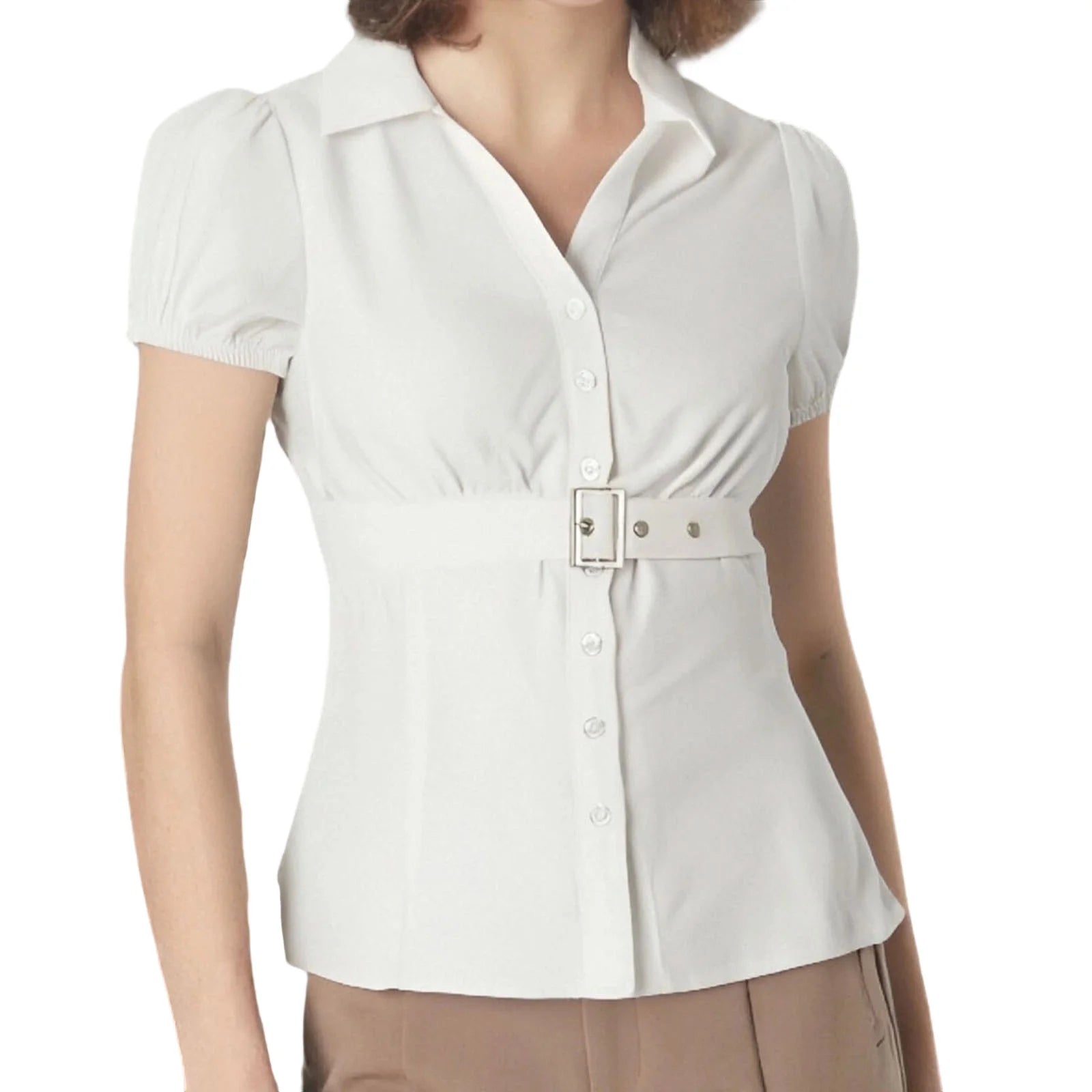 LIZAKOSHT  -  Ladies Stylish Solid Color Blouse with Short Puff Sleeves and Turn Down Collar Casual Button Up Shirt for Summer Fashion