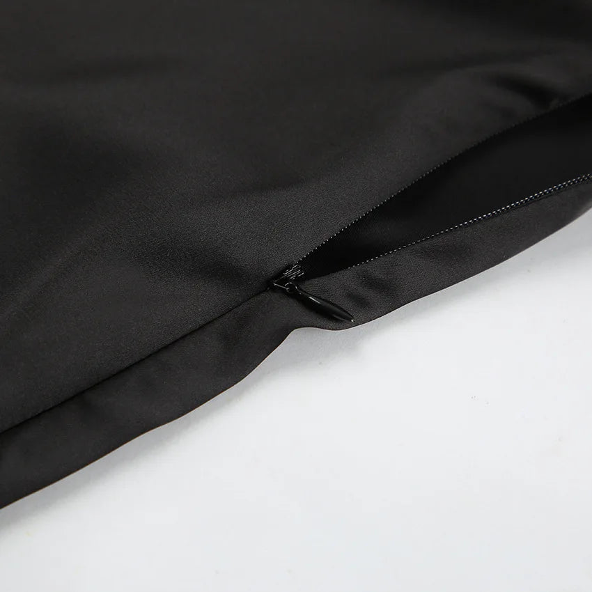 LIZAKOSHT  -  Black Satin Slit Neck Sleeveless Dress Matte Soft Bodycon Long Dress, Off Shoulder Zipper Tie Belt Elegant Party Gown