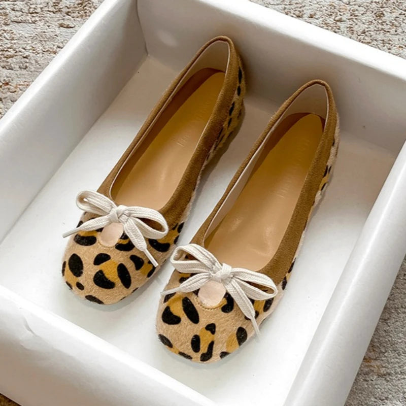 LIZAKOSHT  -  Leopard Lace Up Women Ballet Shoes Round Toe Shallow Comfort Walking Shoes Female Lncreased Lnternal Fashion Mary Jane Shoes