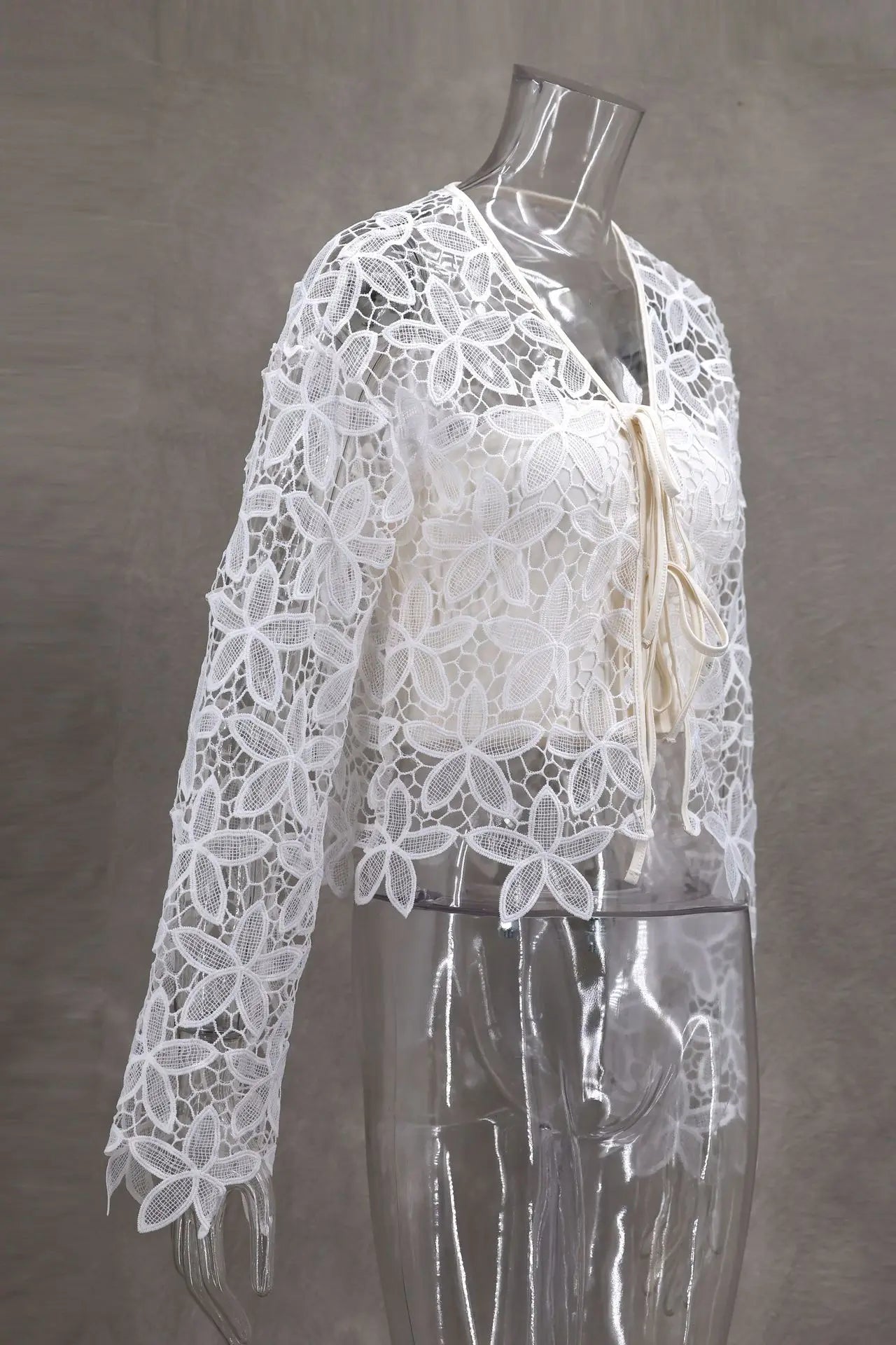 LIZAKOSHT  -  Cute Women's V-Neck Long Sleeve Cardigan Summer Sunscreen Casual White Color Versatile Hollow Lace-Up Design