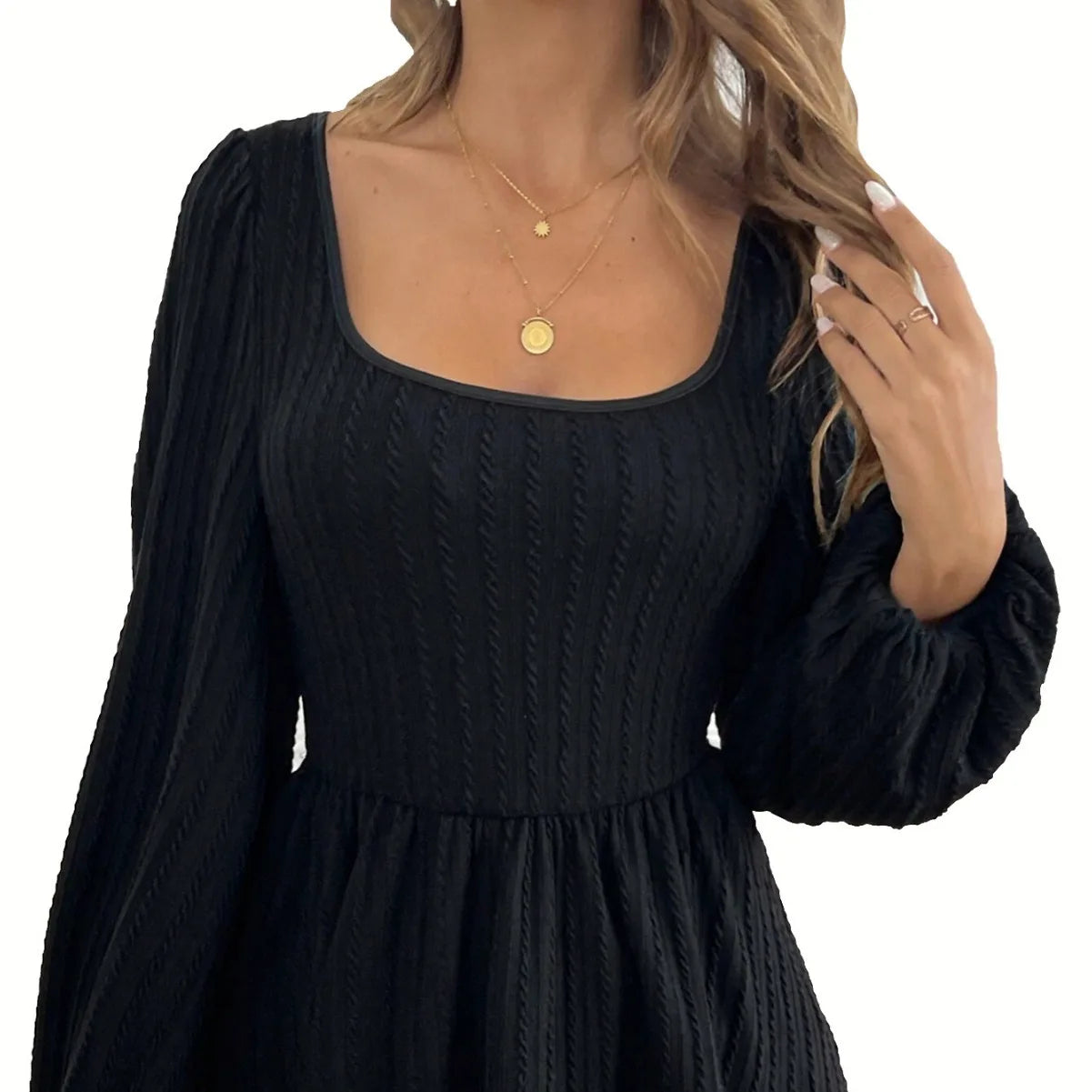 LIZAKOSHT  -  Women's Sexy Square Neck Waist Cinch Top with Twist Texture Long Sleeve Top