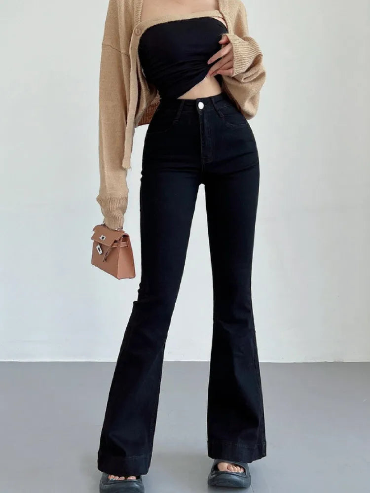LIZAKOSHT  -  Women Vintage Stretch Denim Pants Streetwear Long Trousers Blue Black Gray Autumn Retro High Waist Floor Length Flare Jeans
