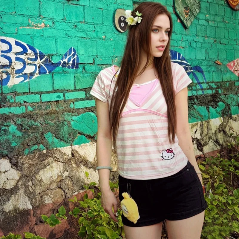 LIZAKOSHT  -  Japanese Subculture Fake Two Short-sleeved T-shirts Pink Striped Wide Necktie Tie Neck Women's Tees Y2k Sweet Spicy Slim Tops
