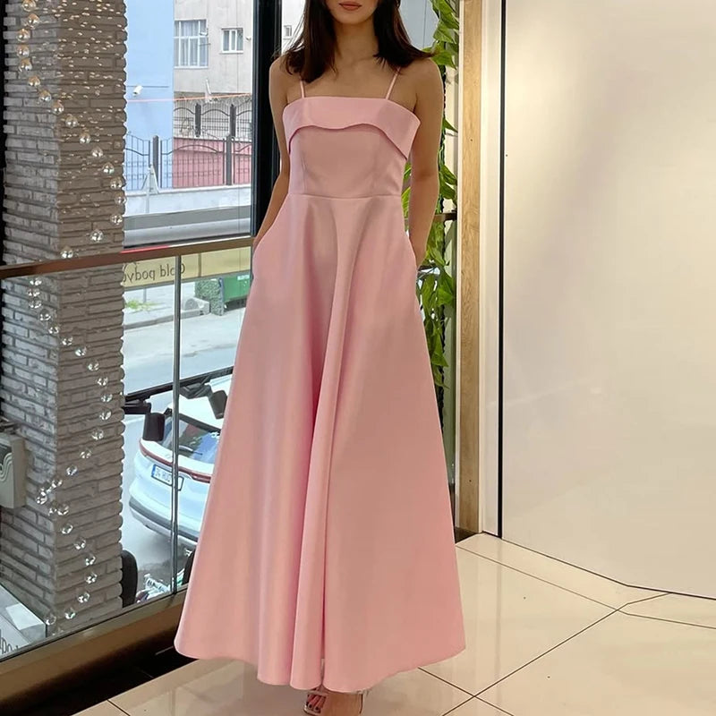 LIZAKOSHT  -  Sexy Waist Cinching Sleeveless Pleated Party Dress Leisure Ladies Solid Dresses French Style Vintage Satin Sling Evening Dresses