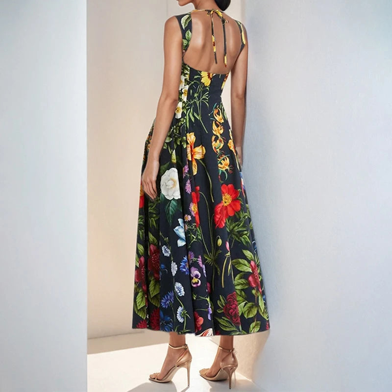 LIZAKOSHT  -  Women Elegant Flower Print Holiday Dress Fashion Hight Waist Sleeveless Bohemian Dress 2025 Sexy Off Shoulder A-Line Long Dress