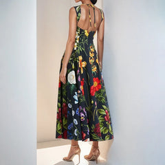 LIZAKOSHT  -  Women Elegant Flower Print Holiday Dress Fashion Hight Waist Sleeveless Bohemian Dress 2025 Sexy Off Shoulder A-Line Long Dress