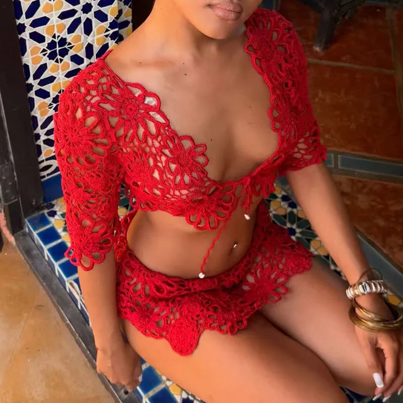 LIZAKOSHT  -  Hot Girl Beach Party Two Piece Set Sexy V-neck Hollow Out Lace Tops&Mini Skirts Sets Summer New Solid Color Mesh Knitted Outfits