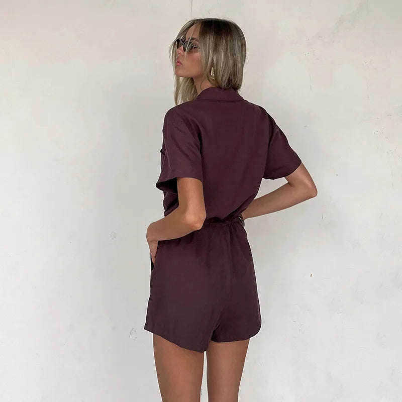 LIZAKOSHT  -  Shirt-Collar Romper Solid Tie-Waist Shorts Jumpsuit with Pockets Casual Sleeveless One Piece Outfit Office Romper
