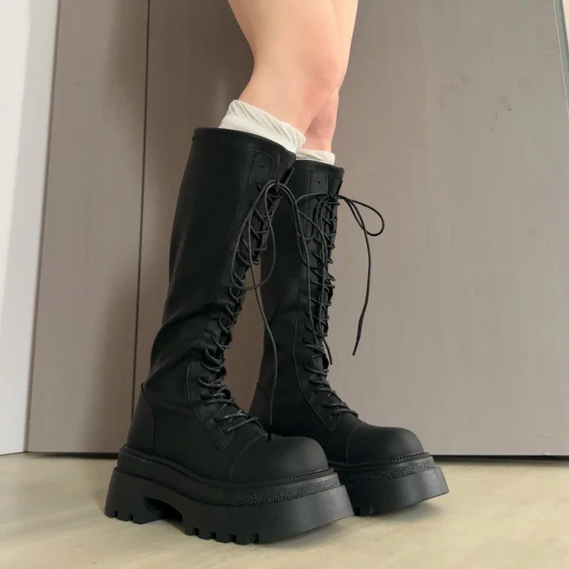 LIZAKOSHT  -  Flats Platform High Boots Women's Designer Shoes for Woman Winter Knee High Boots Lace Up Trend Goth Fashion Boots Femme