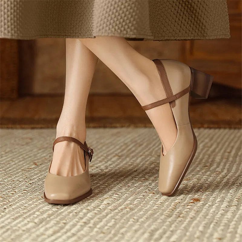 LIZAKOSHT New Genuine Leather Vintage Women Shoes Fashion Square Toe Pumps Chunky Heel Spring Shoes Women Zapatos De Mujer Mary Jane Shoes