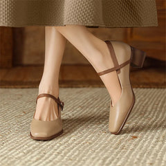 LIZAKOSHT New Genuine Leather Vintage Women Shoes Fashion Square Toe Pumps Chunky Heel Spring Shoes Women Zapatos De Mujer Mary Jane Shoes