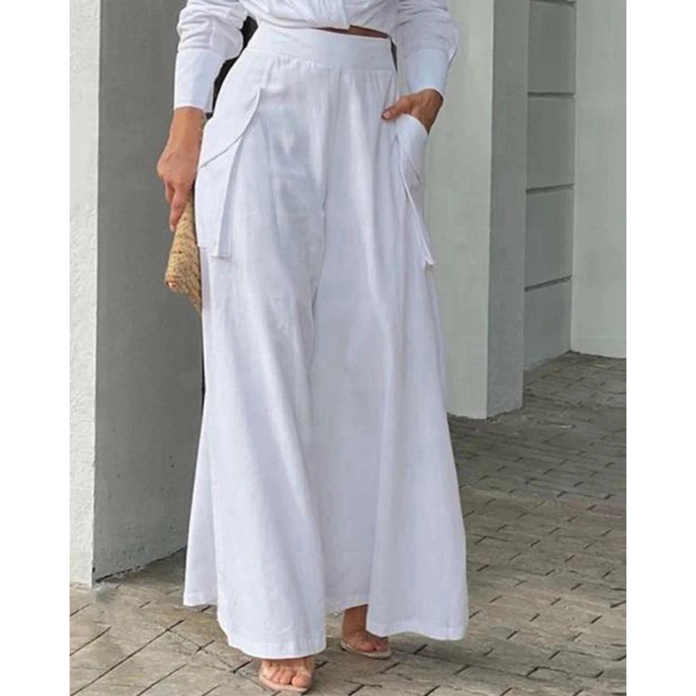 2024 Women Solid Long Sleeve Ruched Crop Shirt & High Waist Pants Work Suit Sets Female V-Neck Top 2 Pieces Suit Sets Casual