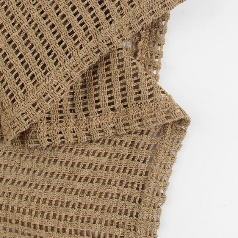 LIZAKOSHT  -  V Neck Backless Beach Mini Dress For Women Knitted Fishnet See Through  Long Sleeve Club Sexy Elastic Casual Party Vestidos