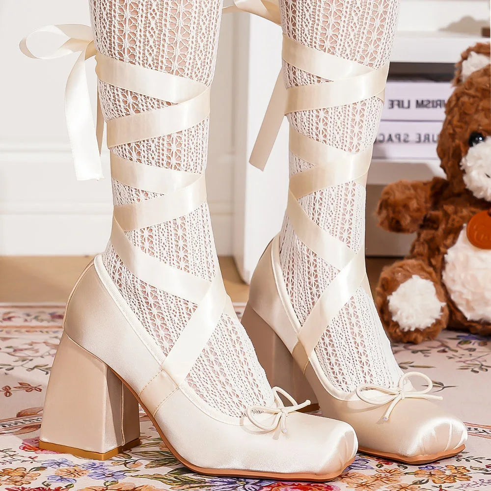 LIZAKOSHT  -  Brand Design Big Size 43 Sweet Pink Mary Jane Pumps Cross-tied Satin 9cm High Heels Ballet Shoes White Party Wedding Shoes Women