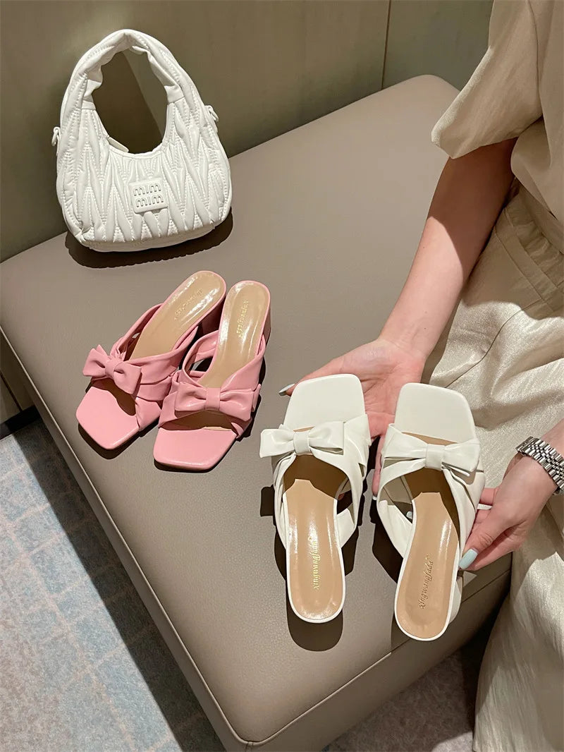 LIZAKOSHT  -  Bow Design Thick Heel Slippers Women Summer Square Head Soft Bottom Brand Sandals Comfortable Beach Casual Flats Zapatos Mujer