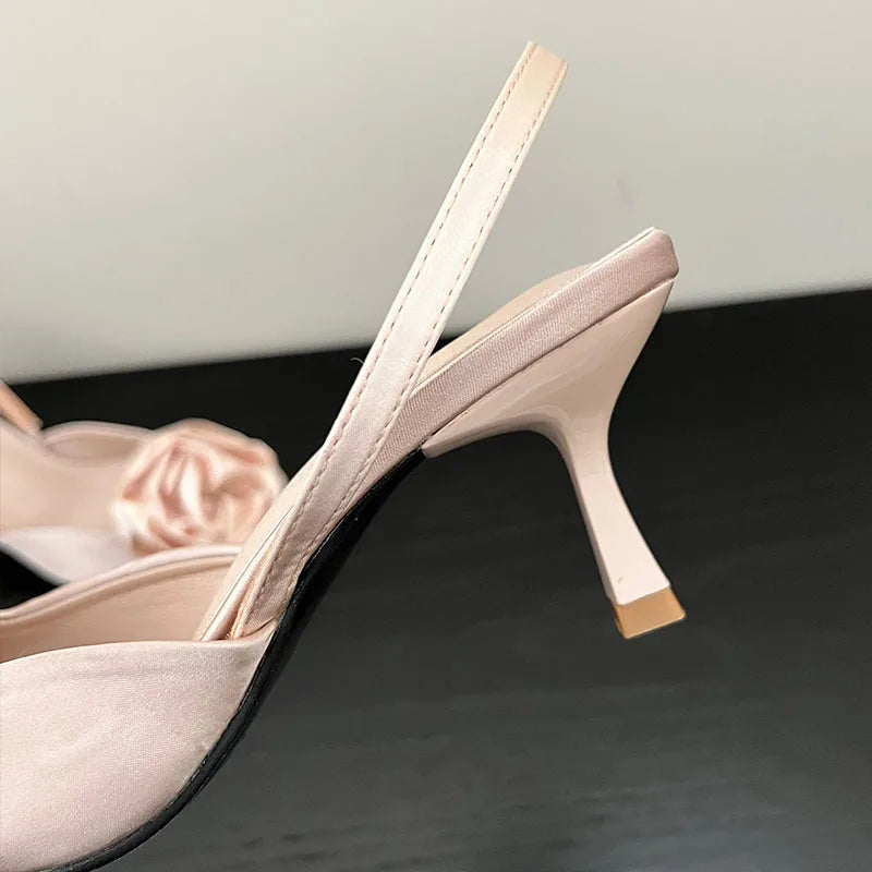 LIZAKOSHT Spring Pink New Brand Big Flower Women Sandal Fashion Pointed Toe Slip On Slingback Shoes Thin High Dress Pumps Shoes