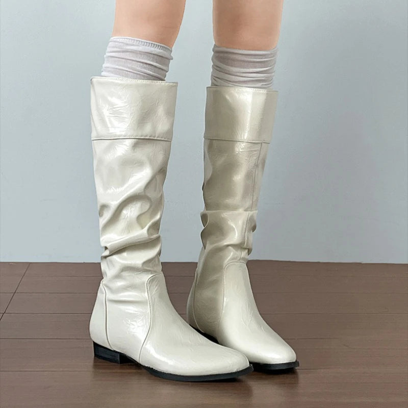 LIZAKOSHT  -  Cosy Soft Leather Women Knee High Boots Fashion Slip On Knight Long Booties Winter Internal Elevation Shoes Zapatos De Mujer