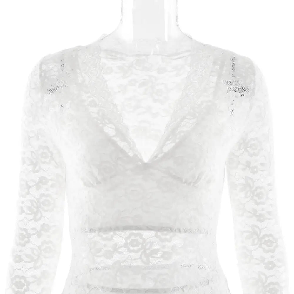 LIZAKOSHT  -  Sexy Deep V-neck Lace Women 3 Piece Sets White Long Sleeve See Through Dress Set Winter Slim Elegant Party Evening Dress