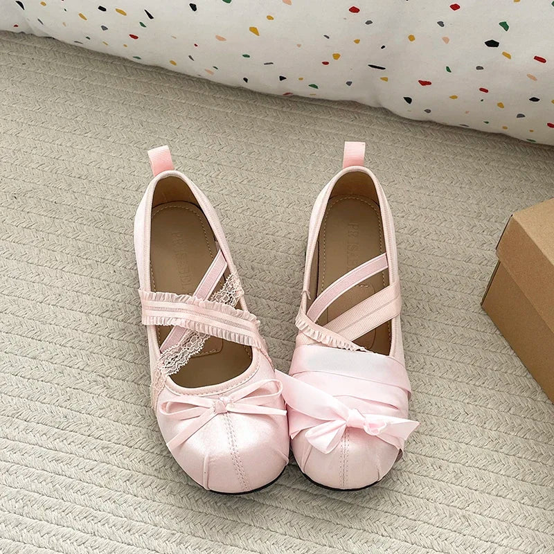 LIZAKOSHT  -  Lace Cross Strap Women Mary Jane Shoes Fashion Sweet Butterfly-knot Thick Heel Shoes Spring Autumn Ladies Elegant Dress Pumps