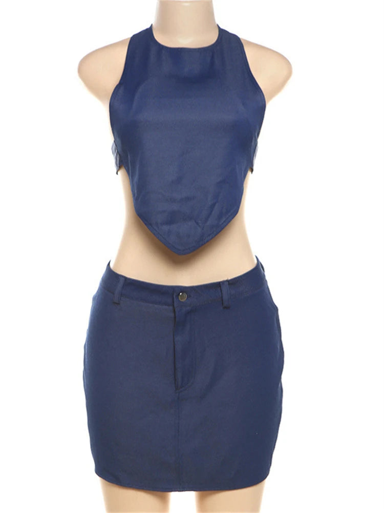 LIZAKOSHT  -  Summer Y2K Denim Sexy 2 Piece Set Streetwear Women 2024 Halter Backless Bandage Irregular Crop Tops And Bodycon Skirt Set