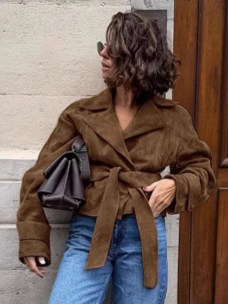 LIZAKOSHT  -  Vintage Suede Coats Women Aututmn Winter Turn-down Collar Brown Outerwears with Belt Office Lady Double Breasted Jackets
