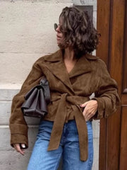LIZAKOSHT  -  Vintage Suede Coats Women Aututmn Winter Turn-down Collar Brown Outerwears with Belt Office Lady Double Breasted Jackets