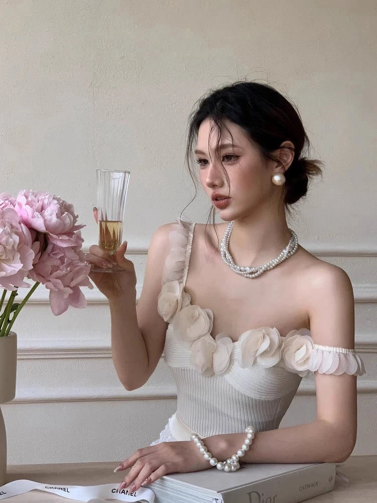 LIZAKOSHT  -  New Summer Clothes Single Strapless 3d Flower Slim Model Elastic Women Top,off The Shoulder Sexy Tank Tide