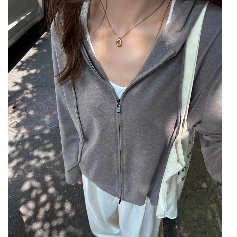LIZAKOSHT  -  Zip Up Solid Drawstring Hoodie Sweatshirts Double Zip Women Autumn Pockets Oversized Outerwear Sporty Korean Sweatshirts Coat