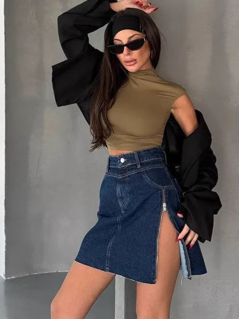 LIZAKOSHT  -  Women's Asymmetrical Zipper Denim Skirt High Waist A-Line Skirt Slim Fit Spring Summer Ladies Skirts