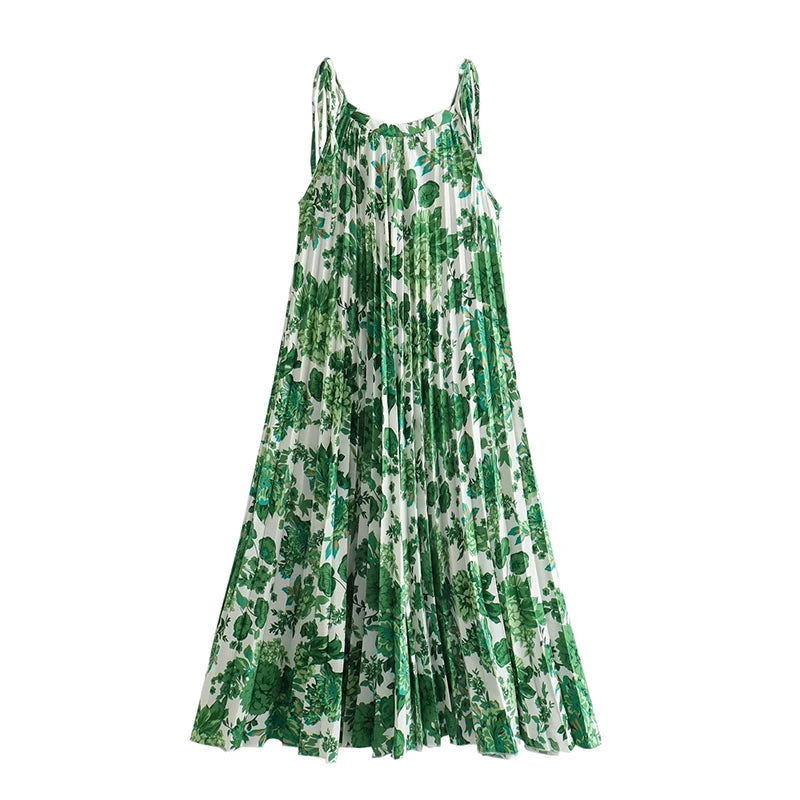 LIZAKOSHT  -   Green Floral Print Lacing Up Sling Beach Dresses Women Sexy Sleeveless O Neck Pleated Summer Dress Holiday Vestidos