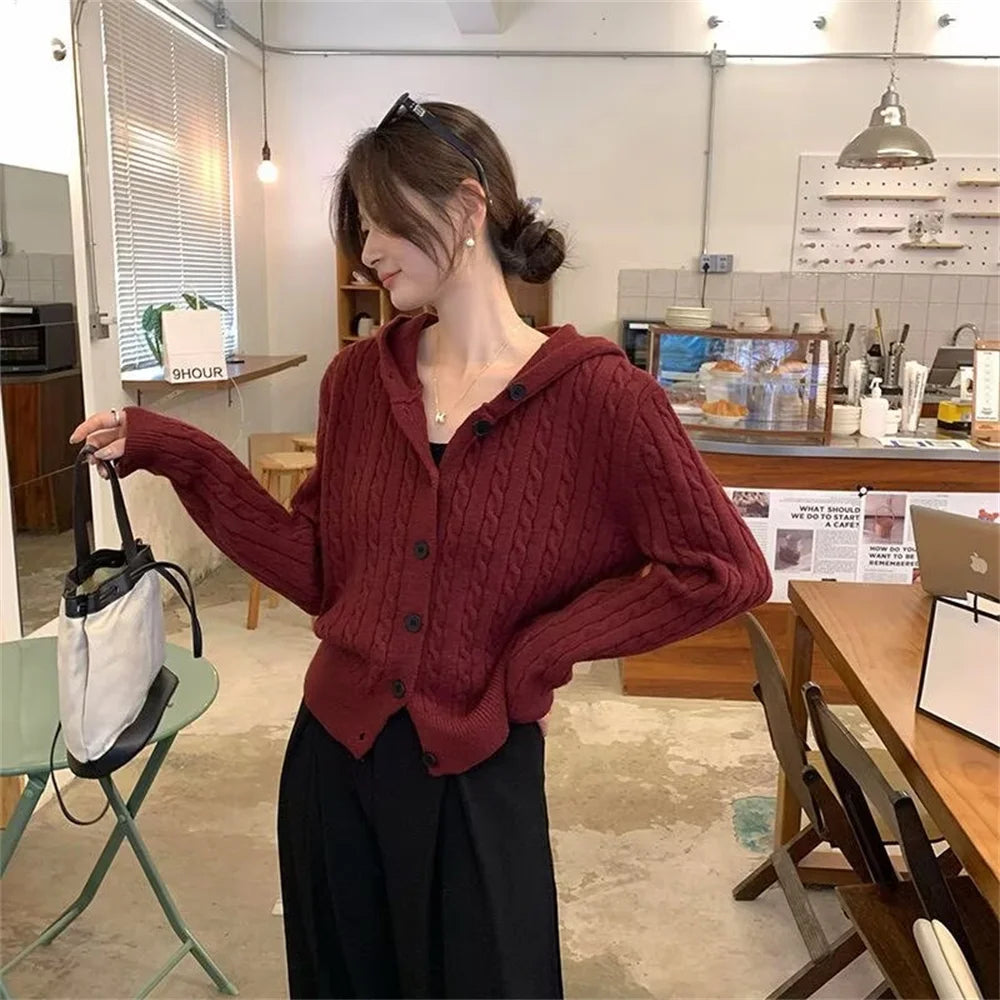 LIZAKOSHT  -  Gray Twist Knitted Cardigan Jacket Women Autumn New Vintage All-Match Hooded Sweater Coat Fashion Single Breasted Hoodies Woman