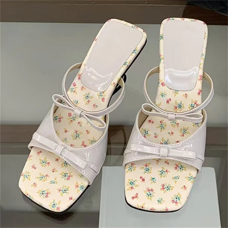 LIZAKOSHT  -  Fashion Patent Square Toe Women Slippers Street Style Bowknot Totem High Heels Wedding Banquet Shoes