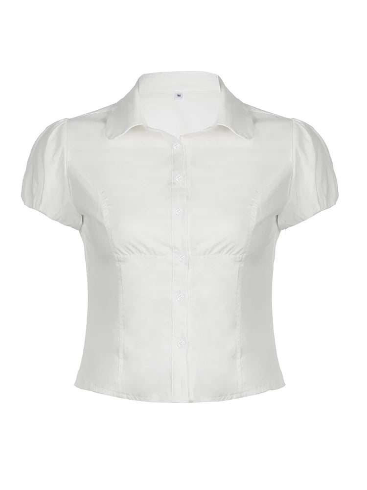 LIZAKOSHT  -  Casual Solid Tee Shirts for Women Turn-down Collar Button Up Corset Blouses Korean Short Sleeves Fashion Cute Tops