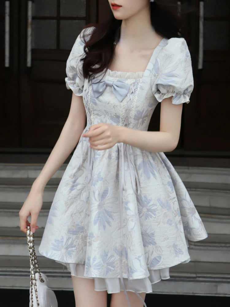 LIZAKOSHT  -  Summer Floral Elegant Mini Dress Women Square Collar Office Lady Dress Party Style Casual One Piece Dress Korean Fashion