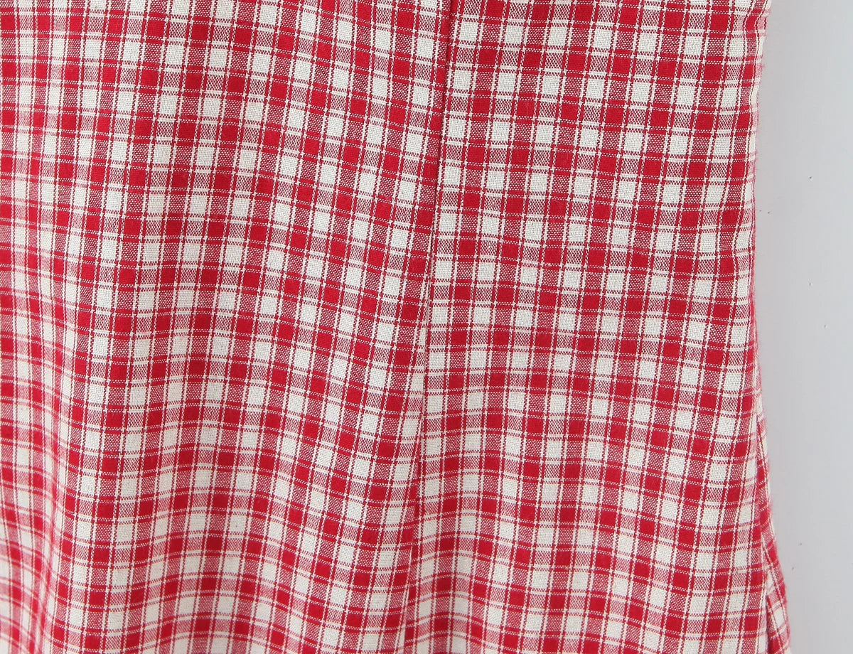 LIZAKOSHT  -  Sexy Red White Plaid Spliced Lace Lacing Up Bow Halter V Collar Mini Dress Women Ruffles Hem A-line Short Dresses Robe Vestidos