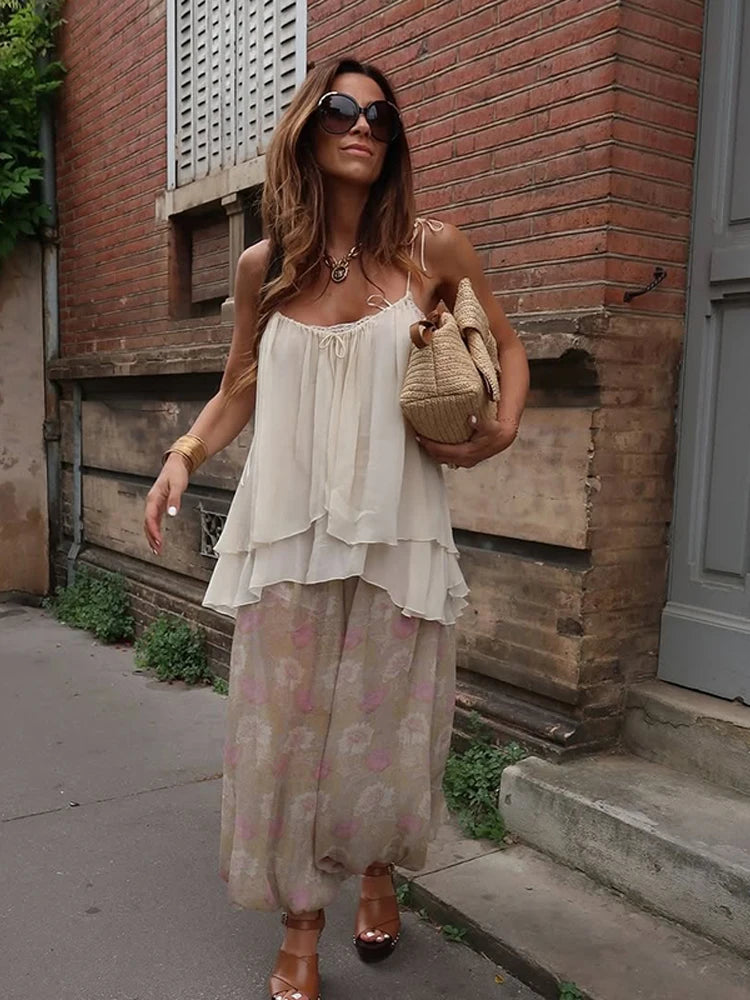 LIZAKOSHT  -  summer Women Loose-fitting Vest Casual Scoop Neck Sweet Spaghetti Strap Chiffon Blouses Ladies Ruffle Hem Flowy Cami Top