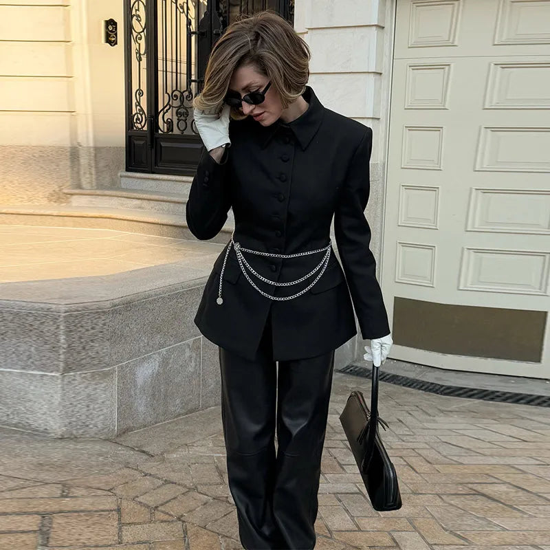 LIZAKOSHT  -  Casual Jackets Women Lapel Single Breasted Slim Waist Long Sleeves Coats Female 2025 Autumn Chic Fashion Solid Outwears Lady