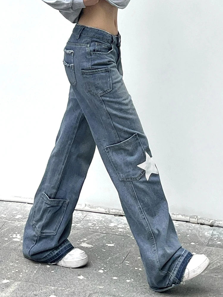 LIZAKOSHT  -  Low Rise Baggy Jeans Y2K Star Print Denim Pockets Patchwork Women Pants Streetwear Retro Casual Jean Trousers Korean