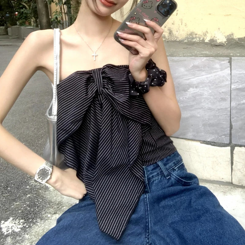 LIZAKOSHT  -  Off-shoulder Bow Pleated Sexy Slim Striped Camisole Women Summer New High Street Fashion All Match Irregular Crop Tops