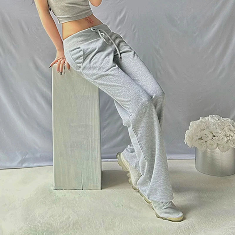LIZAKOSHT  -  Simple Leisure Gray Elastic Drawstring Pockets Patchwork Straight Sweatpants New Comfort Fashion Street Sporty Bottoms
