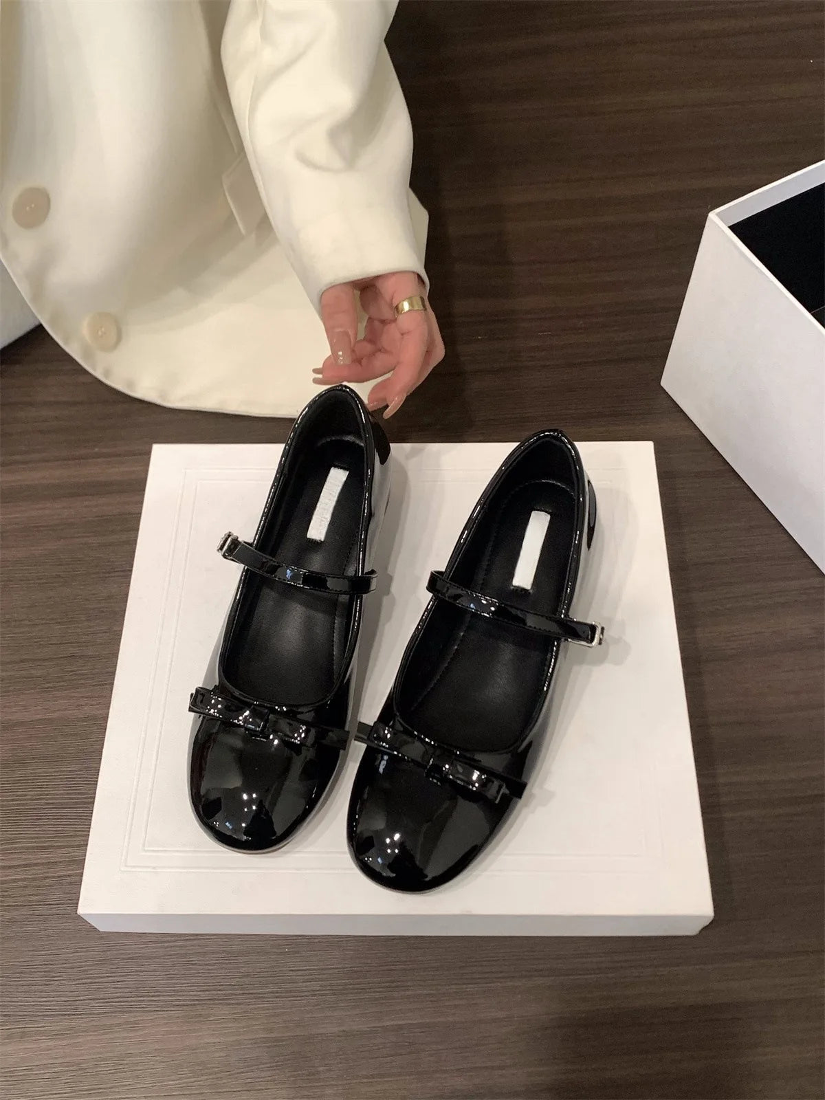 LIZAKOSHT  -  women bouble bowtie flats japanned leather ballerina shoes height increasing bowknot ankle strap loafers women slip on wedges