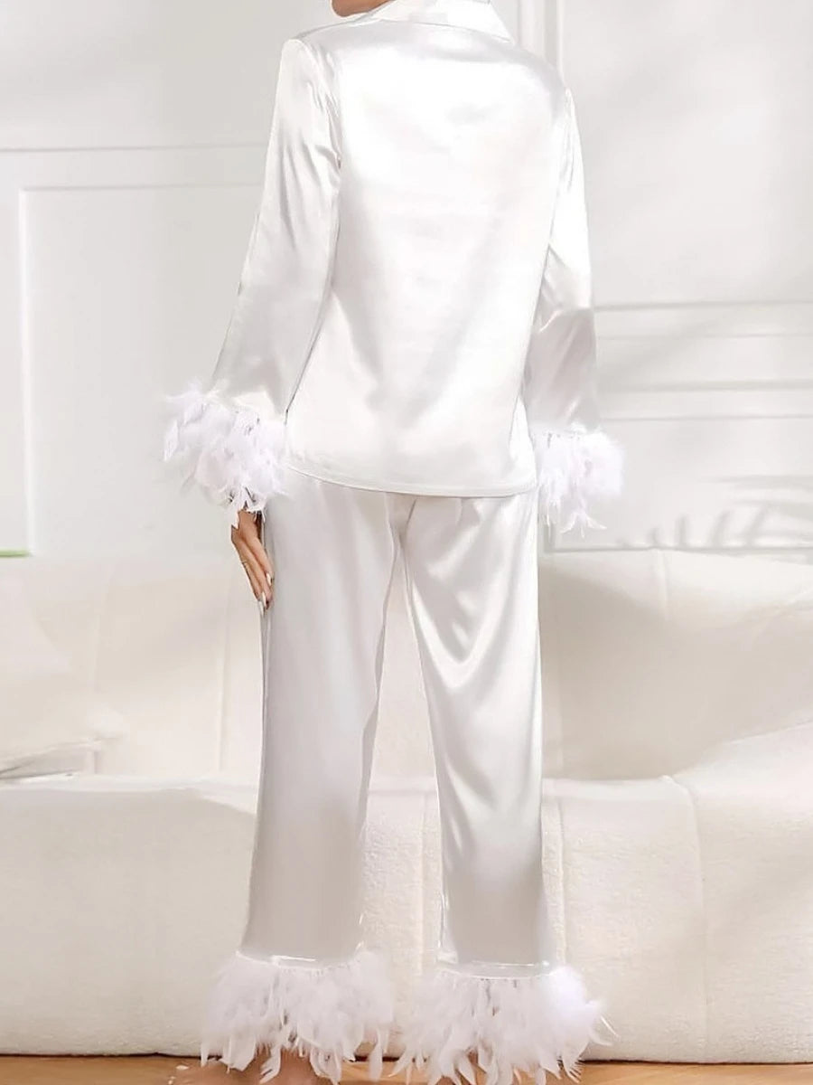 LIZAKOSHT  -  Summer Ice Silk Long Sleeve Pants Pajama Set New Feather Cardigan Pajamas Casual Women's Comfortable Home Clothes Set