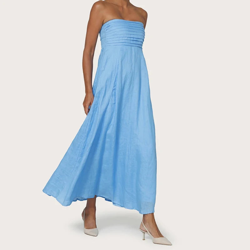 LIZAKOSHT  -  Women Tube Maxi Dress Ruched Strapless Bodice A Line Long Dress Elegant Lady Sleeveless Flowy Summer Sundress Cocktail Party