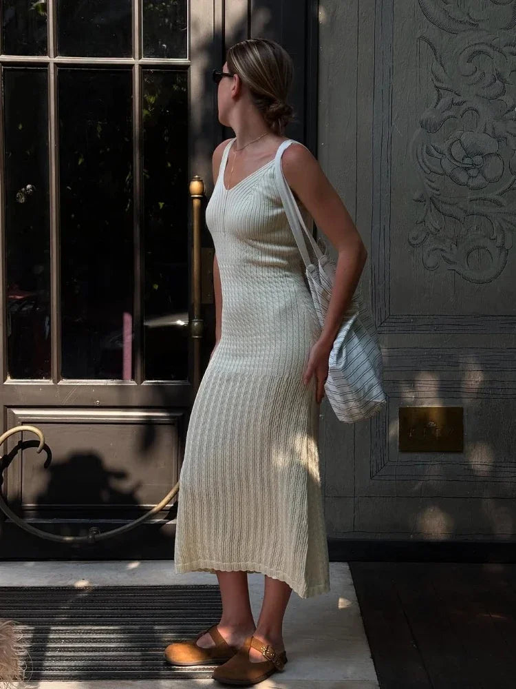 LIZAKOSHT  -  Knitted Tube Long Dress For Women Hollow Out V-neck Sleeveless Waist Cinching Slip Robe 2025 Autumn Elegant Female Party Dresses