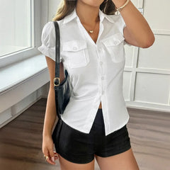 LIZAKOSHT  -  2026 Spring and Summer Y2K Spice Girl Style Solid Color Short-sleeved Women's Button-up Shirt