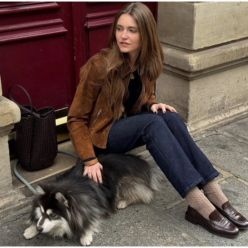 LIZAKOSHT  -  Fashion Suede Short Jackets Women Vintage Lapel Zippers Long Sleeve Pocket Jacket Coat 2025 New Autumn Winter Casual Streetwear