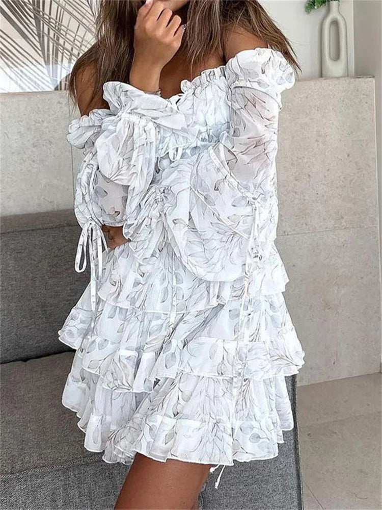 LIZAKOSHT  -  Ruffled Printed Lace-Up Mini Dress Female Square Collar Patchwork Elegant Contrast Party Dress Clothes Women Bodycon Dress